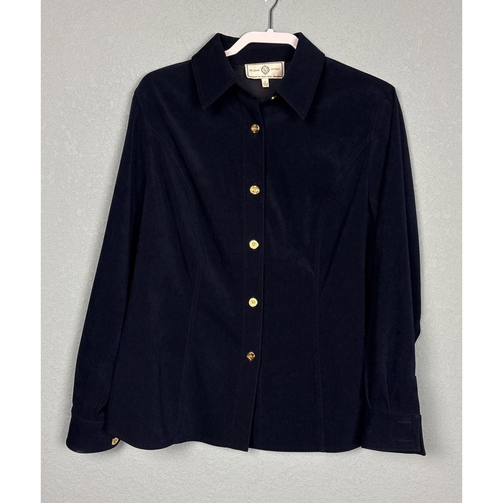 ST JOHN SPORT MARIE GRAY Sz L Velour Shirt Jacket Gold‎ Button Luxury Old Money